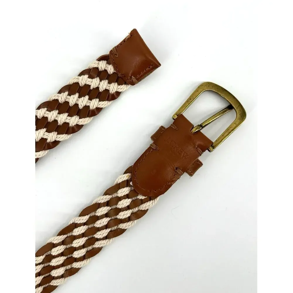 J.Crew Braided Rope & Leather Belt Size S Woven Nautical Gold Buckle Brown Cream - Picture 1 of 7